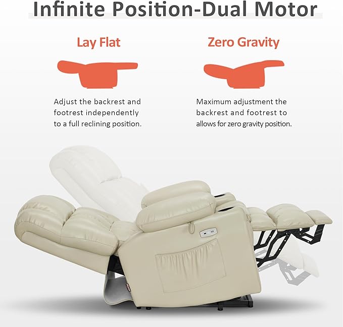MCombo Dual Motor Power Lift Recliner Chair for Elderly, Lay Flat Lift Chair with Heat and Massage, Cup Holders, USB Ports, Faux Leather 7890 (Cream White, Medium)