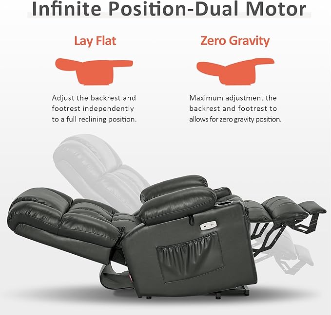MCombo Dual Motor Large Power Lift Recliner Chair for Elderly, Lay Flat Lift Chair with Heat and Massage, Big Lift Recliner for Tall People, Faux Leather 7896 (Grey, Large)