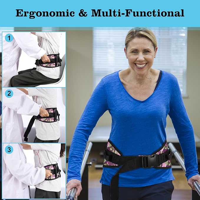 supregear Gait Belt - Anti-Slip Transfer Aid with 7 Handles and Quick-Release Buckle, Perfect for Senior Care, Floral Purple