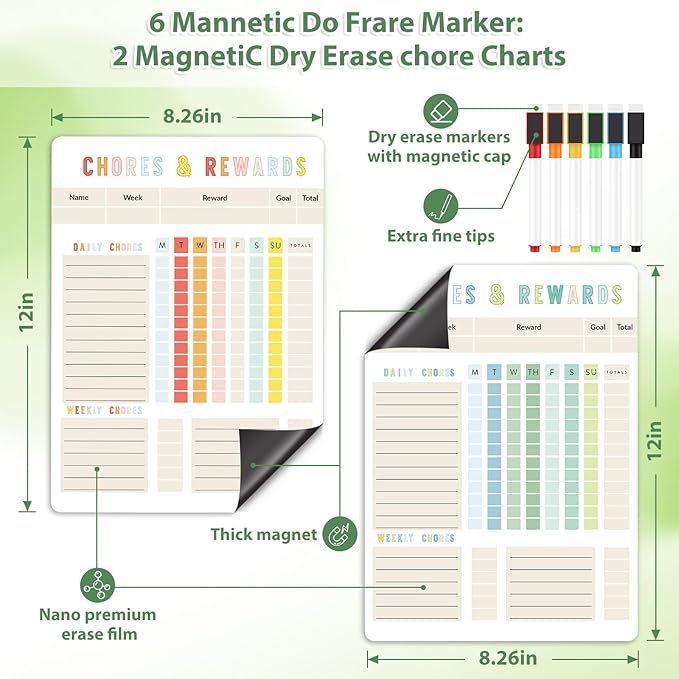 Magnetic Dry Erase Chore Chart - 8.5"x12" Behavior Responsibility Chore Board for Kids, Teenagers - 6 Extra Fine Point Markers Included - Shipped Flat 2 Pcs