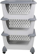 Gray Plastic Stacking Organizer Basket with Wheels, 3-Tier Multi-function Stackable Storage Basket
