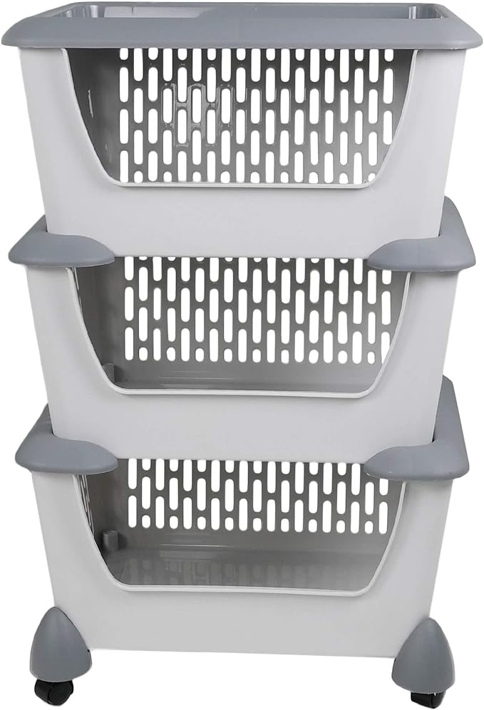 Gray Plastic Stacking Organizer Basket with Wheels, 3-Tier Multi-function Stackable Storage Basket