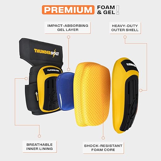 Thunderbolt Knee Pads for Men Construction Knee Pads for Work for Men and Women with Double Gel for Gardening Flooring Roofing Heavy Duty with Extra Thick Foam and Strong Adjustable Non-Slip Straps