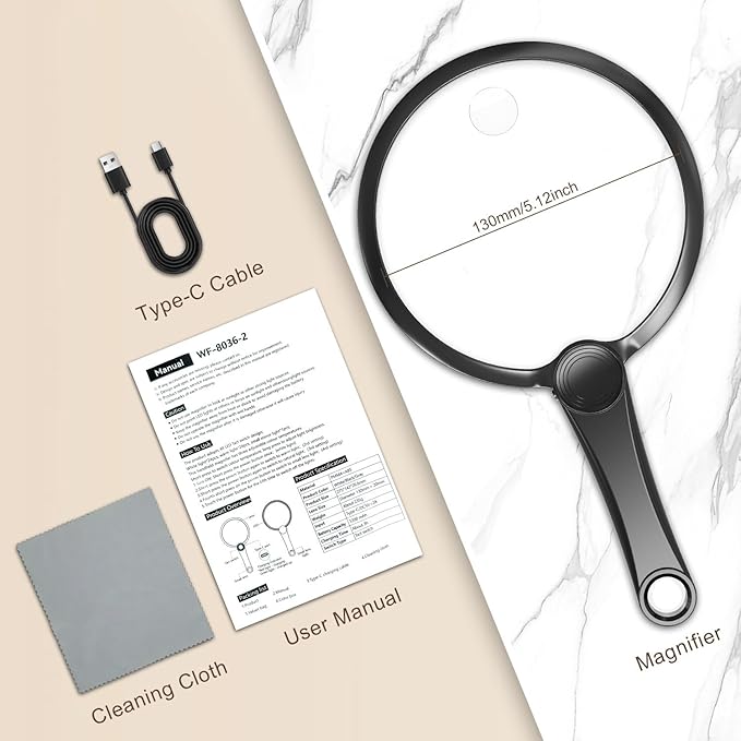 IMICHI Large 5.12" Handheld Magnifying Glass 10X/20X Lens with Eye-Care Anti-Flicker LEDs – 3 Adjustable Light Modes, Rechargeable – Perfect for Seniors, Low Vision, Reading, Crafts, Jewelry Repair