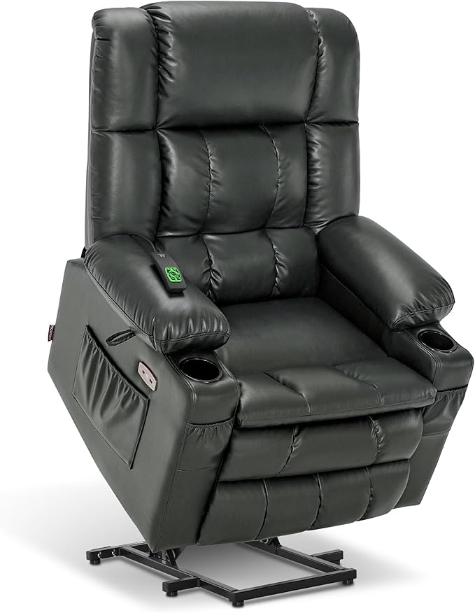 MCombo Dual Motor Large Power Lift Recliner Chair for Elderly, Lay Flat Lift Chair with Heat and Massage, Big Lift Recliner for Tall People, Faux Leather 7896 (Grey, Large)