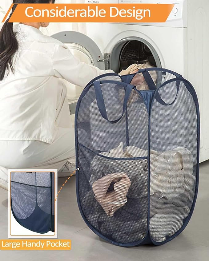 2 Pack Durable Collapsible Laundry Baskets - Reinforced Mesh Pop Up Laundry Hamper with Pocket, Foldable Dirty Clothes Hamper with Carry Handles for Laundry, Bathroom, Kids Room, Dorm or Travel Navy