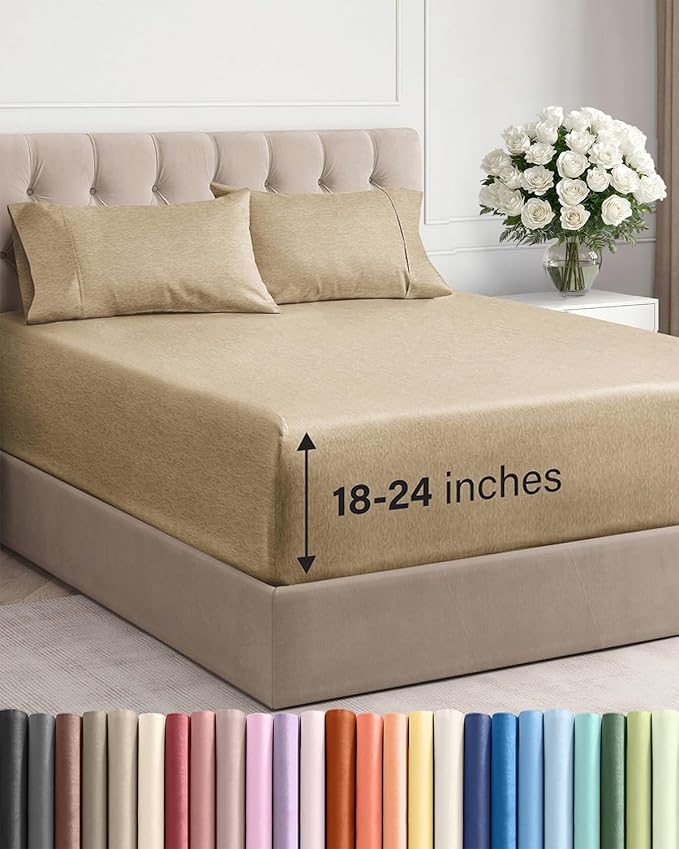 Extra Deep Twin Sheet Set - 4 Piece Breathable and Cooling Sheets - Hotel Luxury Bed Sheets Set - Easy Fit - Soft, Wrinkle Free and Comfy Sheets Set - Heathered Tan Sheet Set with Extra Deep Pockets