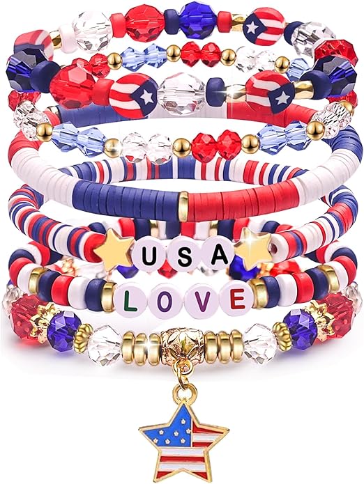 Independence Day Gifts for Women Men Teens Red White Blue Clay Beaded Stackable Stretch Bracelets USA Patriotic Jewelry 4th of July Accessories