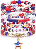 Independence Day Gifts for Women Men Teens Red White Blue Clay Beaded Stackable Stretch Bracelets USA Patriotic Jewelry 4th of July Accessories