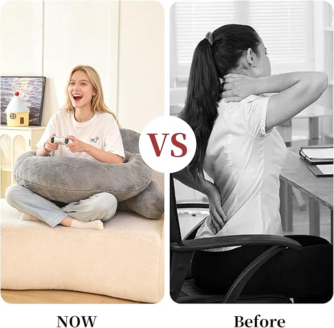 Reading Pillow for Bed,U Shaped & Back Support Pillow for Bed,17" Backrest with Lumbar & Arm Support,Luxurious Faux Rabbit Fur,Gaming PillowFor Crochet/Reading/Watching TV,Gray