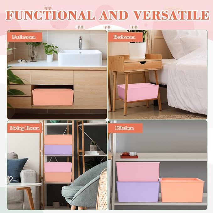Menkxi 6 Pcs Large Plastic Storage Bins with Lids 14.4 x 10.4 x 5.1 Inch Stackable Storage Containers Decorative Cubby Organizer for Clothes Shelves Garage Closet Office (Pastel)