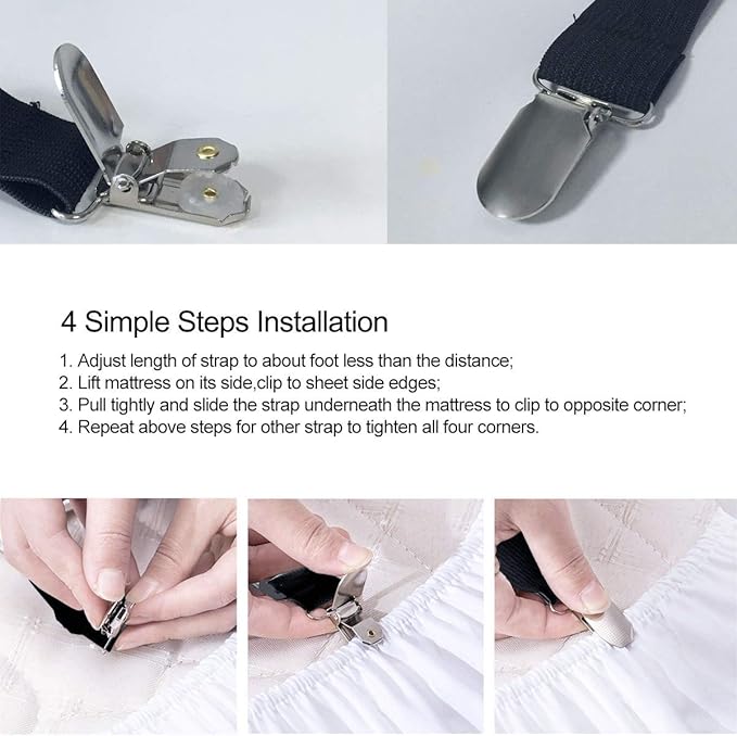 Bed Sheet Clip Straps - 2 Way Adjustable Crisscross Sheet Corner Holder Straps Gripper Elastic Sheet Band Mattress Straps Fasten Suspenders(2 Set/4Pcs, Black)
