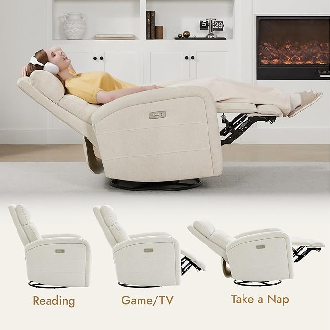 Watson & Whitely Swivel Power Recliner Glider Rocker, Small Recliner with Charging Port for Living Room, Fabric in Linen