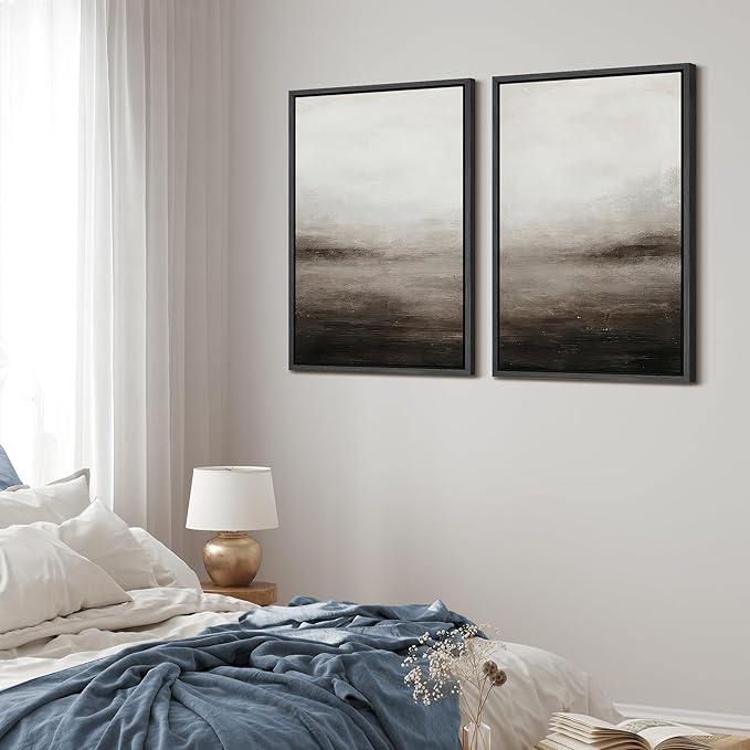 MUDECOR Framed Canvas Print Wall Art Neutral Abstract Modern Minimalist Landscape in Beige and Gray Illustrations Modern Art Decorative Bohemian for Living Room, Bedroom, Office - 24"x36"x2 Black