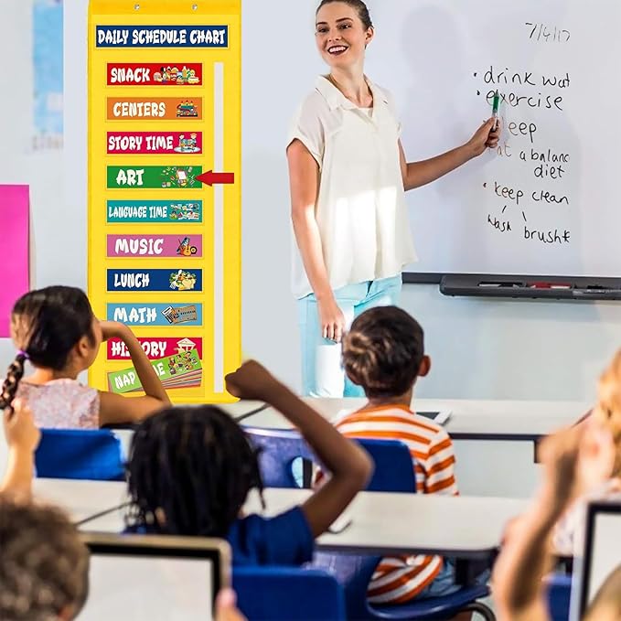 Classroom Schedule Pocket Chart - Visual Kids Daily Schedule Calendar, Interactive Teaching Tool, Colorful Organization Chart | Learning Education Home Use For Daycare Homeschool Teacher Kids toddlerr