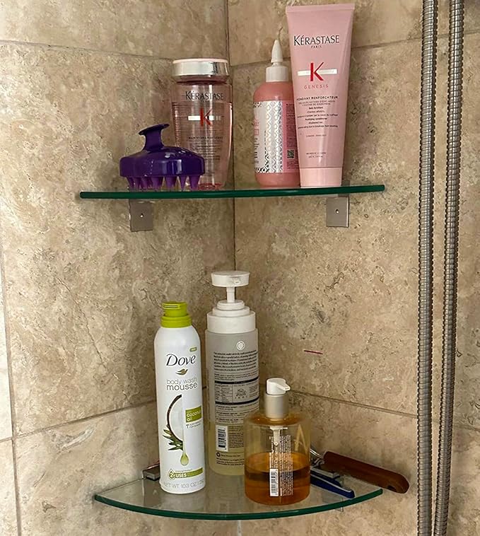 Glass Corner Shower Shelves (2-Pack) - No-Drill Shower Caddy Organizer & Bathroom Storage, Tempered Glass with Rustproof Aluminum Brackets for Inside Shower