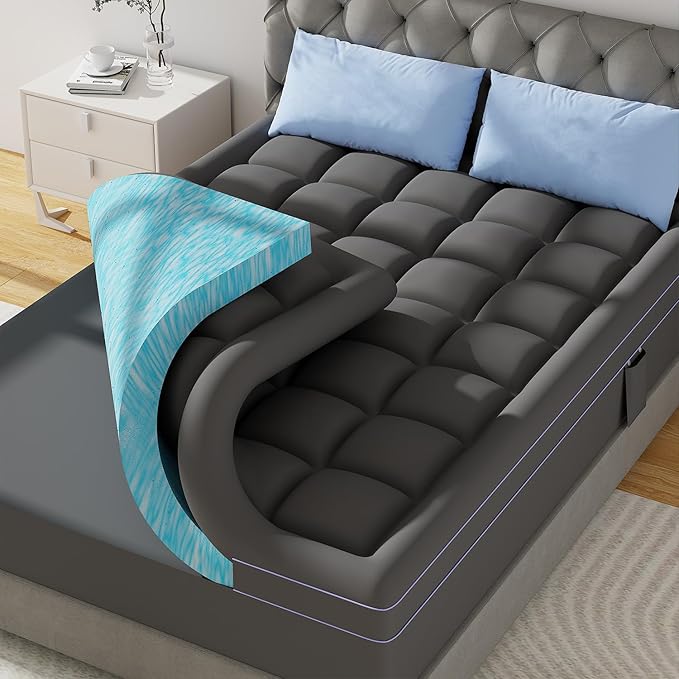ABENE 3 Inch Dual Layer Memory Foam Mattress Topper California King, 2 Inch Memory Foam Plus 1 Inch Down Alternative Pillowtop Mattress Pad, with Bedside Pocket, Support for Back Pain (Gray)