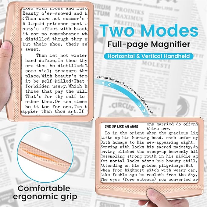 Rechargeable 5X Magnifying Glass for Reading, Large Bright Full Page Magnifier with Light, Handheld LED Dimmable Lighted, Lightweight Book Magnifier for Reading Prints Seniors - Rose Gold