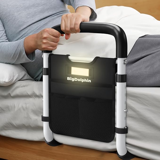 Bed Rails for Elderly Adults ASTM Approved, Adjustable Bed Cane with Motion Sensor Light, Non-Slip Grip & Storage Pocket, Bed Railings for Seniors Support 350 LBS, Tool-Free