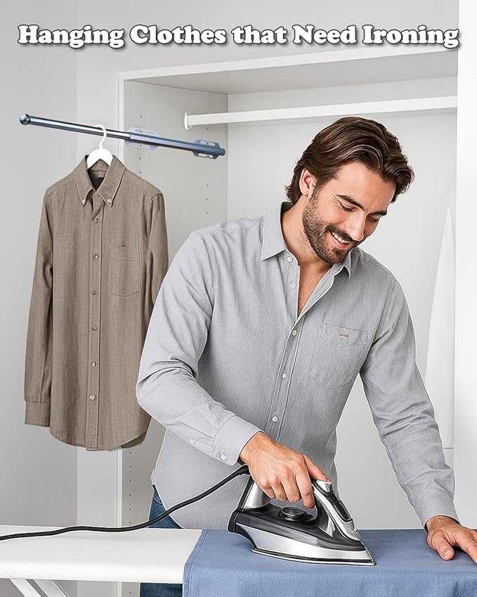 Valet Rod for Closet Pull Out, 12" Adjustable extending closet rod, Standard Retractable closet rod organization rack, Valet Clothing Hanger Rods Extender for Wardrobe Laundry (Blue-Gray Phantom)