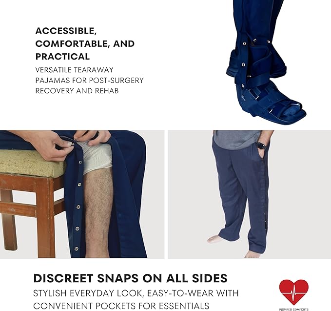 Inspired Comforts Unisex Tearaway Post Surgery Recovery Pajama Pants with Side Snaps & Pockets