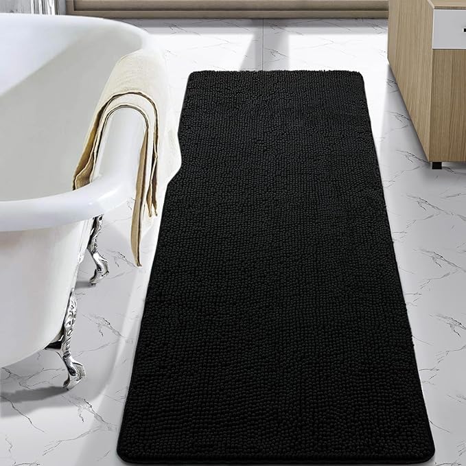 LOCHAS Luxury Bathroom Rug Shaggy Bath Mat 24 x 70 Inch, Washable Non Slip Bath Rugs for Bathroom Shower, Soft Plush Chenille Absorbent Carpets Mats, Black