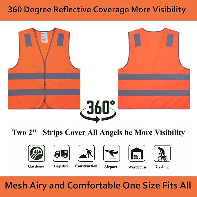 Orange Safety Vests 10 Pack,Reflective High Visibility Construction Working Vest for Men,Woman,Pockets,Hi Vis Mesh and Neon Silver Strip