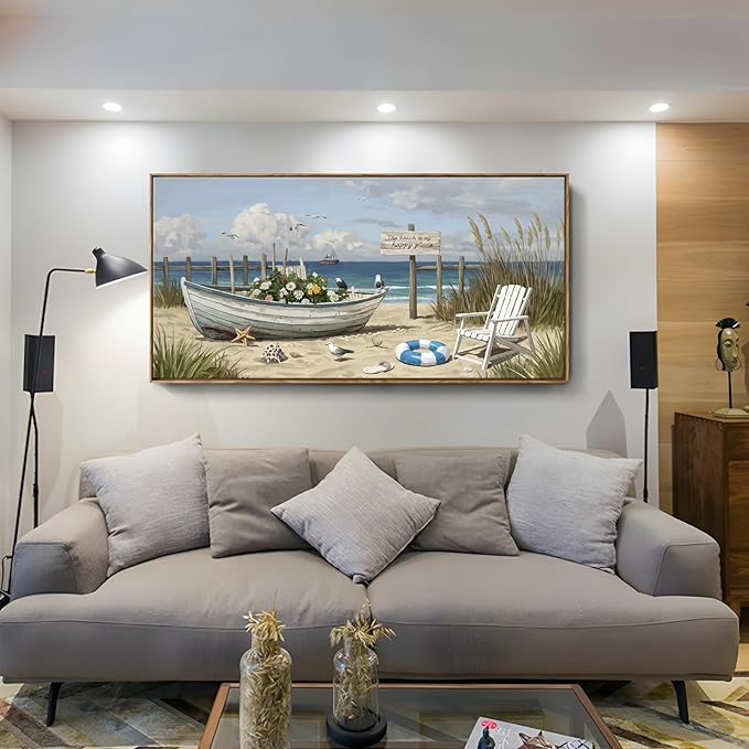 amatop Large Framed Coastal Wall Art – Gallery Wrapped Ocean & Nautical Canvas Print, Ready to Hang Beach House Decor with Flower Boat & Seagulls for Living Room, Bedroom & Office (48x24 Inches)