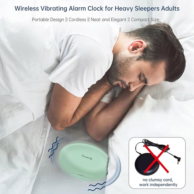 DreamSky Vibrating Alarm Clock for Heavy Sleepers - Auto Set Bed Shaker Alarm Clock Under Pillow for Hearing Impaired, Bedroom, Travel, Rechargeable Battery Operated, Cordless, Auto DST, LCD Backlight