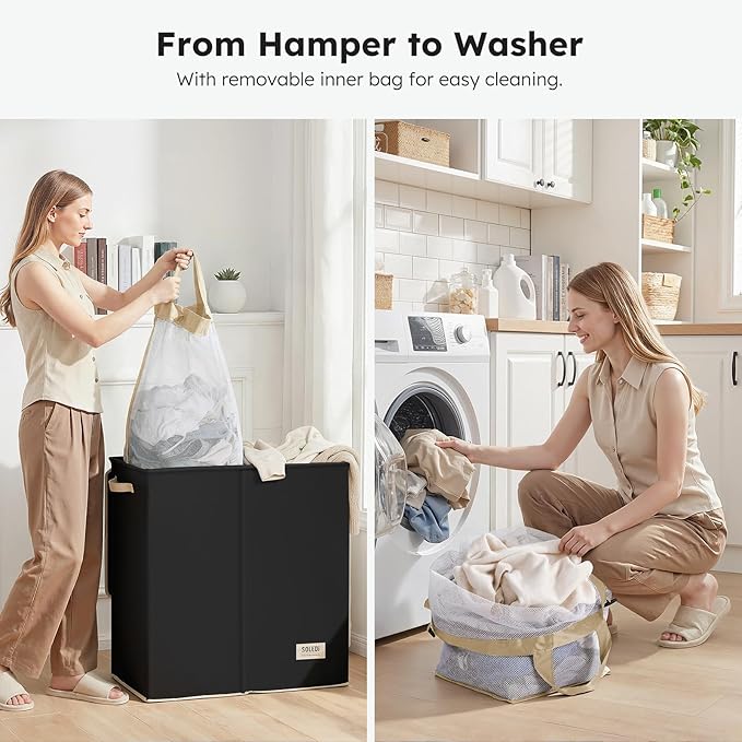 SOLEDI Large Double Laundry Hamper with Lid, Collapsible Clothes Hamper 2 section with Removable Bags, Space-Saving Laundry Basket for Bedroom, Dorm, College