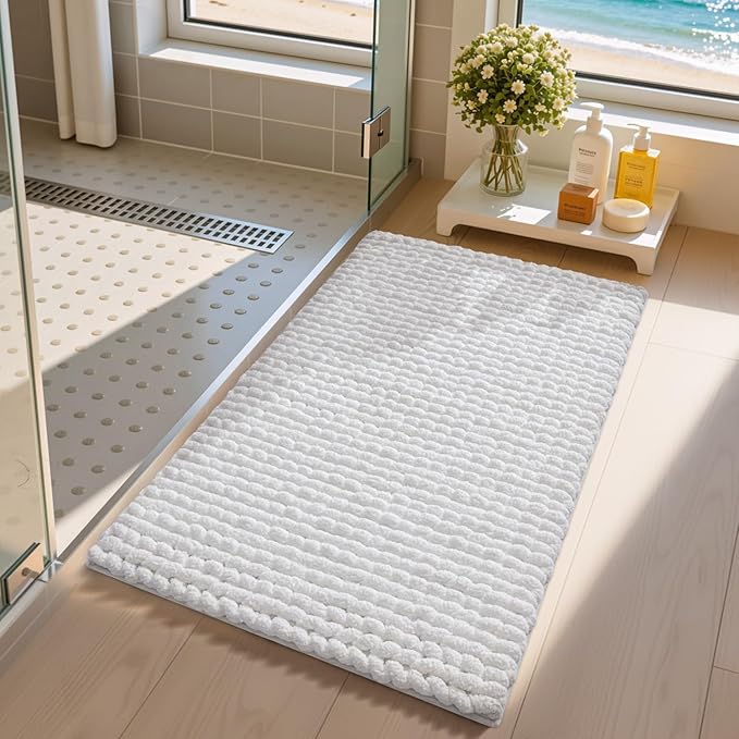 LUMI Luxury Bathroom Rug, Ultra Soft Quick Dry Bath Mat, Non-Slip Absorbent Thick Chenille Bath Rug, Cozy Braid Design Floor Mat for Bathtub, Sink, Laundry, Bedroom, White, 17"x30"