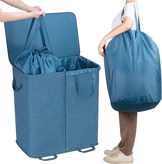 Lifewit Double Laundry Hamper with Lid and Removable Laundry Bags, Large Collapsible 2 Dividers Dirty Clothes Basket with Handles for Bedroom, Laundry Room, Closet, Bathroom, College, 136L Blue