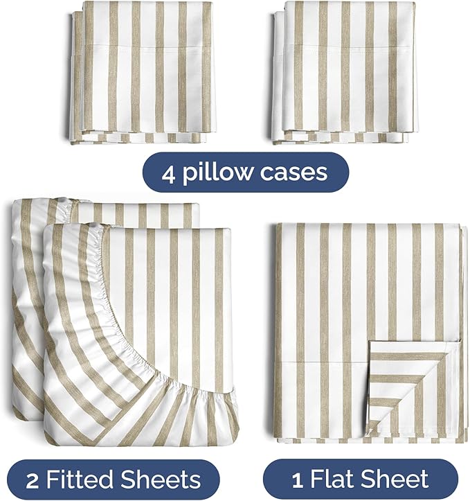 Split King 7 Piece Sheet Set - Cooling & Breathable Bed Sheets - Hotel Luxury Bed Sheets for Women, Men, Kids & Teens - Deep Pockets - Easy Fit - Soft & Wrinkle Free - Split King Beige Stripes Sheets