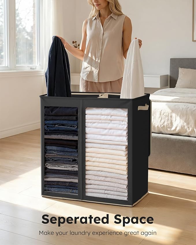SOLEDI Large Double Laundry Hamper with Lid, Collapsible Clothes Hamper 2 section with Removable Bags, Space-Saving Laundry Basket for Bedroom, Dorm, College