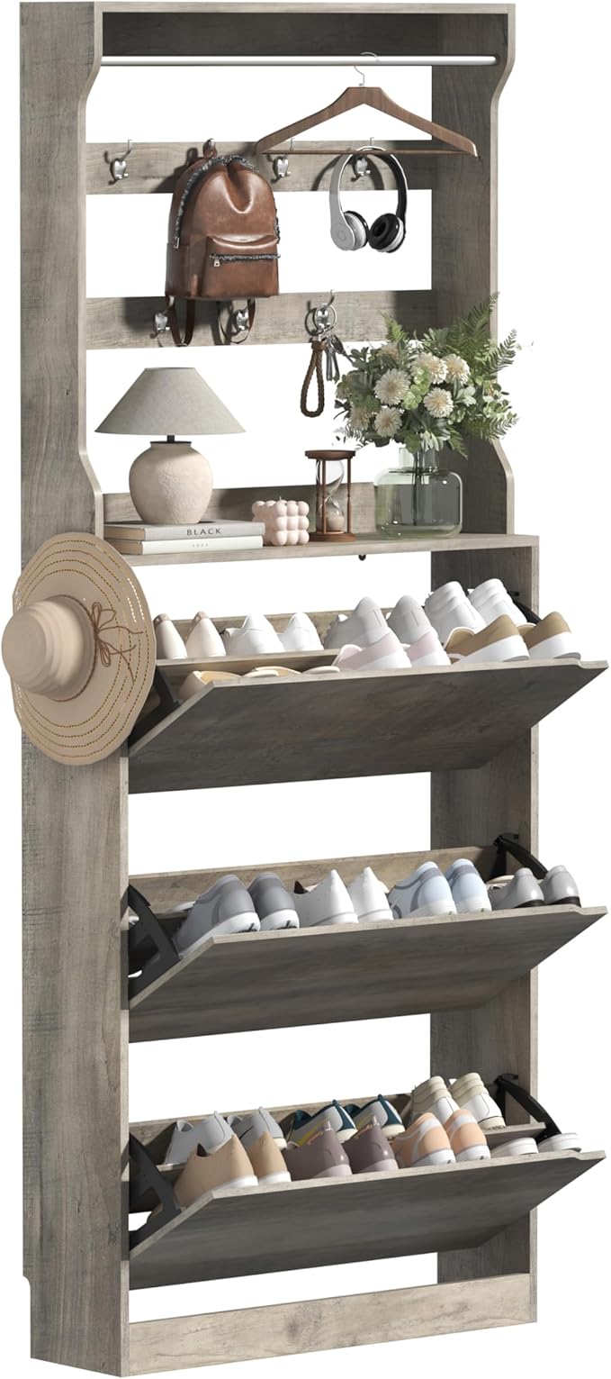 Tall Shoe Cabinet with Coat Rack, Hidden Shoe Storage Cabinet with Doors & Drawer, Hanging Bar & Hooks, Slim Narrow Freestanding Shoe Rack Organizer for Entryway, Hallway & Living Room, Grey