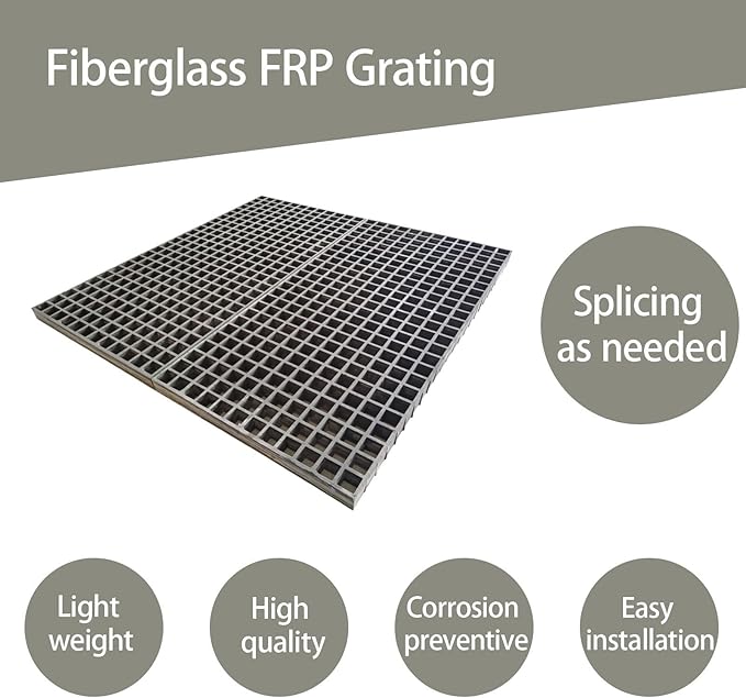 3.3ft*1.6ft Fiberglass Grating 1.5'' Thickness Gray Car Wash Grille Rectangle FRP Floor Grid for Floors Outdoor Drain Cover (1 PC)