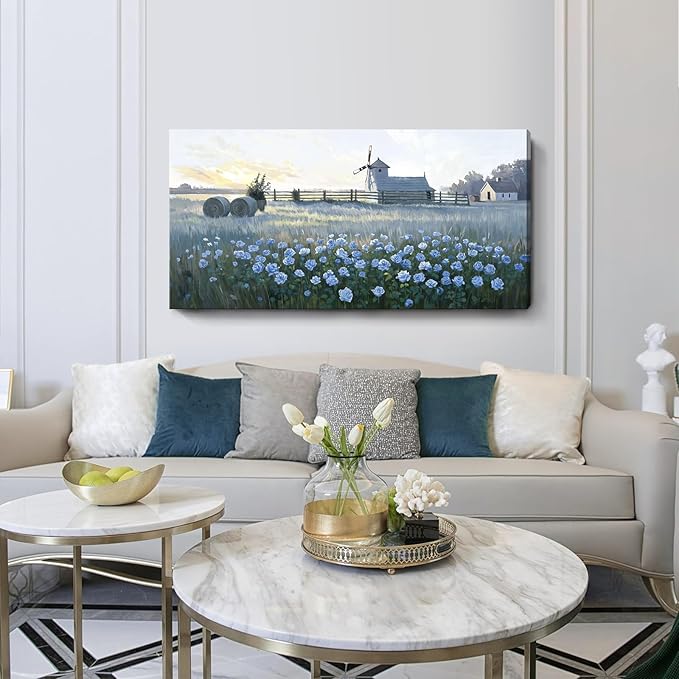 amatop Rustic Farmhouse Canvas Wall Art | Blue Rose & Windmill Sunset Landscape – Serene Countryside Botanical Decor for Living Room, Bedroom & Office (48x24 Inch)