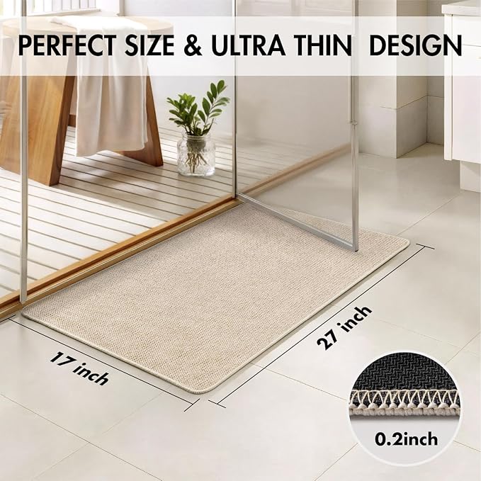 MIULEE Set of 2 Ultra Thin Bathroom Rugs, Rubber Bath Mats for Bathroom Non Slip, Quick Dry Absorbent Bath Rug Machine Washable, Fit Under Door, Shower, Sink, Home Decor, Light Beige, 17x27 Inch