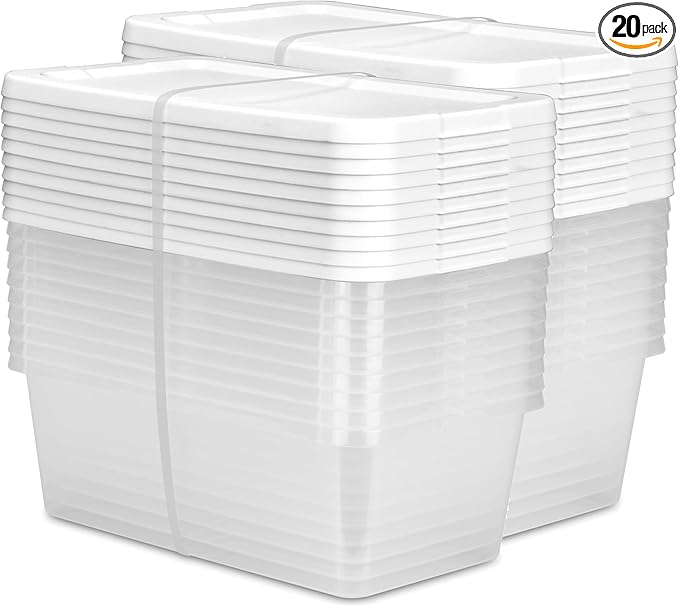 20-Pack 6 Quart Storage Boxes – Clear Plastic Storage Bin with Snap, Shoe Boxes,Stackable Bins for Closet, Kitchen Storage, Office Organization,White