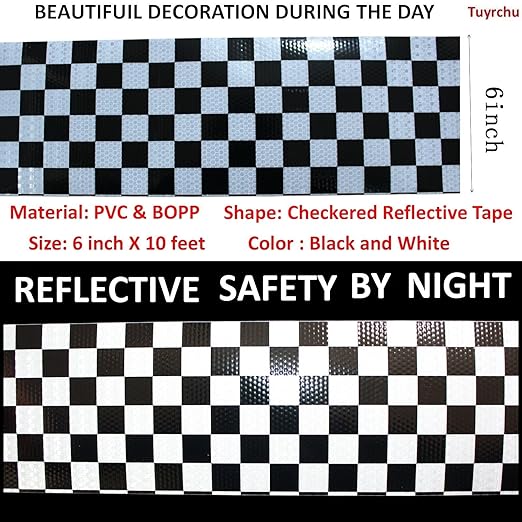Black White Reflective Tape 6 inch X 10 feet, Outdoor Waterproof Hazard Conspicuity Warning Industrial Marking Tape
