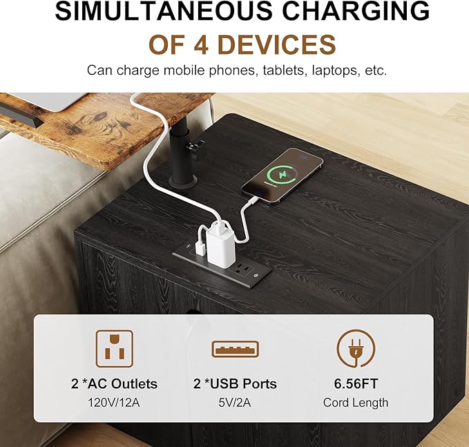 Bedroom Nightstand with Drawers & Charging Station, Adjustable Height Bedside Table with Wheels, Wooden Small Sofa Side Tables with Storage for Living Room, Black Brown