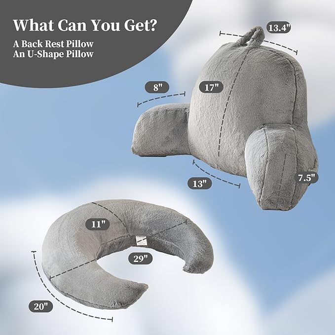 Reading Pillow for Bed,U Shaped & Back Support Pillow for Bed,19" Backrest with Lumbar & Arm Support,Luxurious Faux Rabbit Fur,Gaming PillowFor Crochet/Reading/Watching TV,Gray