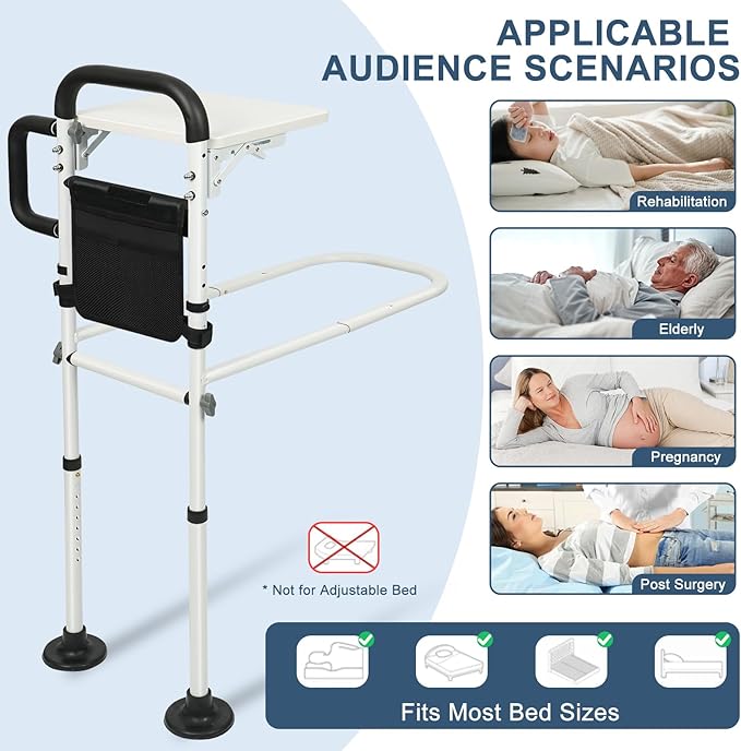 Bed Rail for Elderly Adults Safety,Bed Rails with Foldable Table Board,Storage Pocket,Sensor Light,Height Adjustable Bedside Assist Rail with Non-Slip Ergonomic Handle&Reinforced Support Bar
