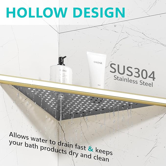 2 Pack Bathroom Corner Shelf, Recessed 12" Corner Shower Shelf, SUS304 Stainless Steel Triangular Wall Mount, No Drilling, Brushed Golden