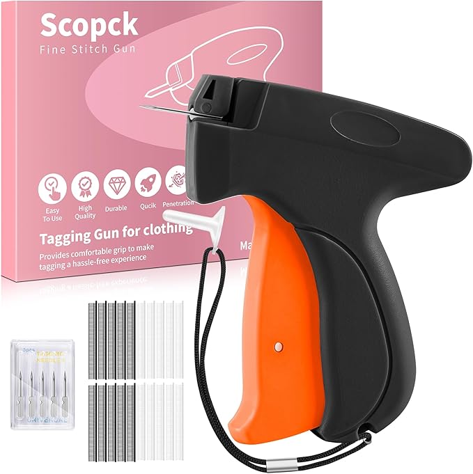 Stitch Gun for Clothes - Handheld Stitch Tag Gun Quick Clothing Fixer - Tagging Gun - Sewing Kit Includes 6 Needle, 1000 Black Fasteners and 1000 White Fasteners (Black, Orange)