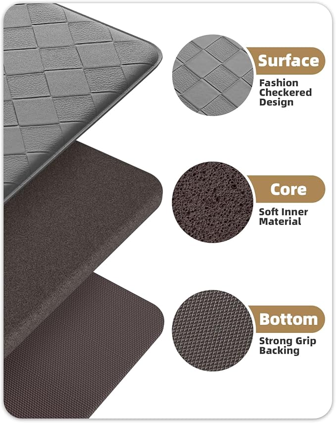 Color&Geometry Anti Fatigue Cushioned Checkered Designed Kitchen Mats Set, Easy Clean, Waterproof & Oil Proof Kitchen Floor Mat, Anti Slip Runner for Front Sink Comfort Standing,17x29+17x59,Grey