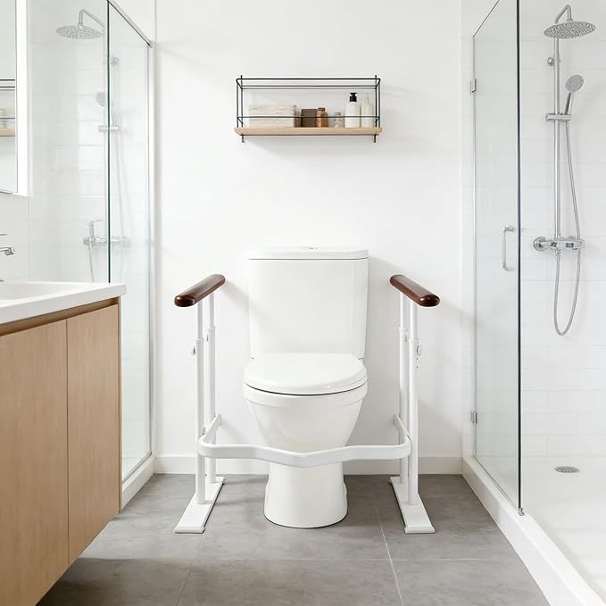 Toilet Safety Rails for Seniors - Toilet Safety Frame with Dual Pillars, Waterproof Nighttime Reflective Base, 3-Speed Height Adjustment (Brown, Double Pillar)