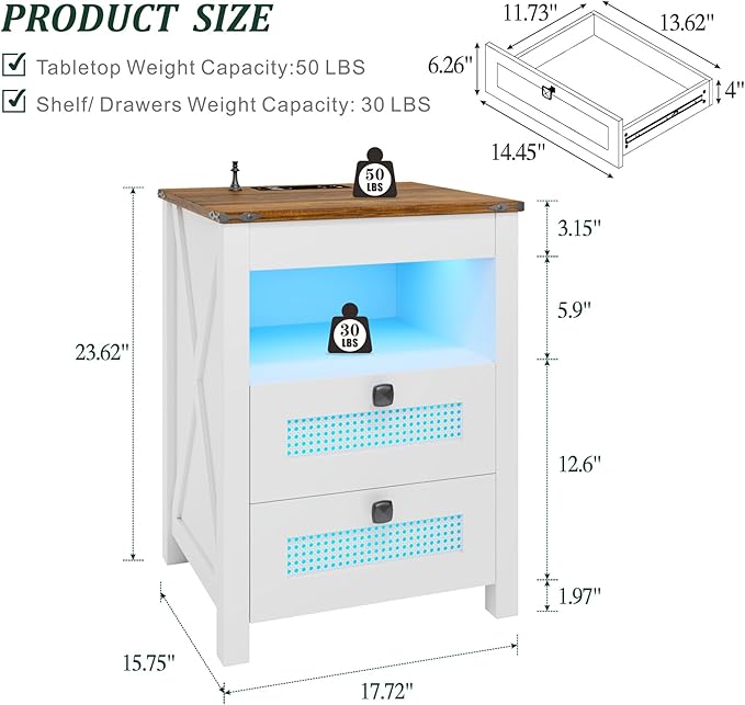 Nightstand with Gun Drawer, Rattan Bedside Table with Charging Station, LED End Table with Human Sensor Light, Gun Night Stand for Bedroom Living Room, Farmhouse Design, White