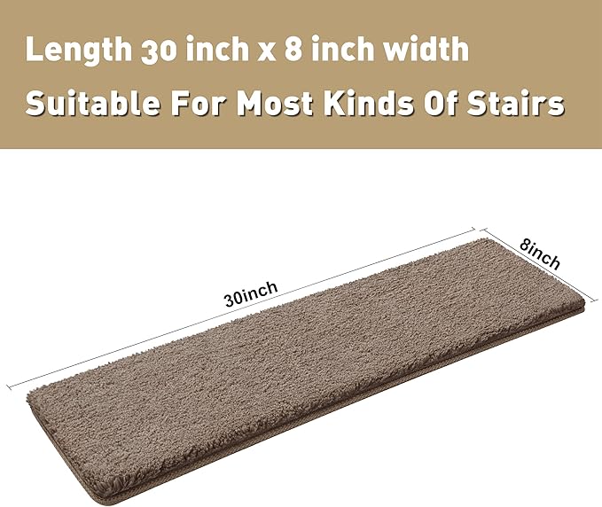PURE ERA Carpet Stair Treads Ultra Plush 8" X 30" Soft Indoor Stair Protectors Pet-Friendly Non-Slip Skid Resistant Tape Free Washable Reusable(2 Pieces, Brown)