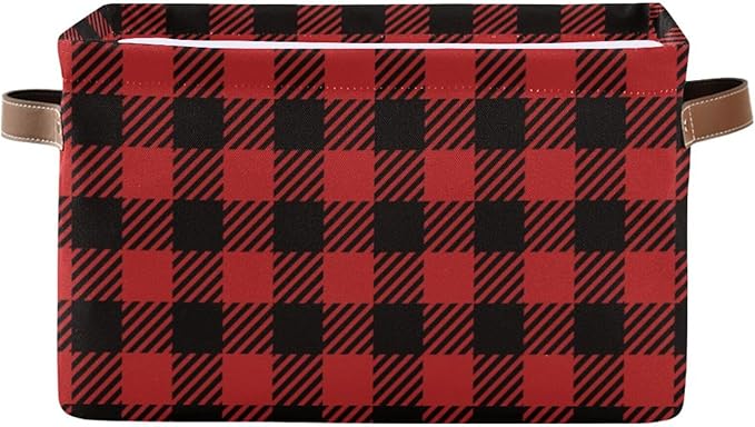 Red and Black Buffalo Plaid Storage Basket Cube Storage Bins Organizer Bag Collapsible Closet Shelf Baskets with handle for Cloth Book 14.2×10.2×8.3 IN
